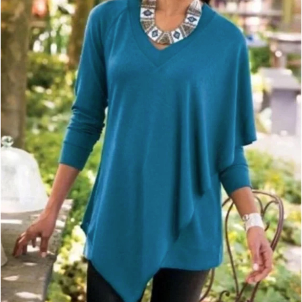 SOFT SURROUNDINGS Madeline tunic top size M blue v-neck longsleeve cape detail